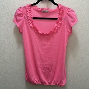 Women’s Pink Y2K Ruffle Scoop Neck Top Feminine Fitted Size S/us4/uk8 dopamine